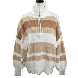 Aerie NWOT Tan Stripe Partial Zip 100% Cotton Turtleneck Sweater Size Medium